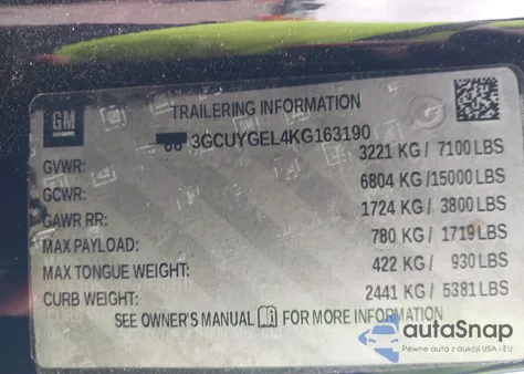 2019 Chevrolet Silverado 1500 Ltz из США, поврежденный, VIN 3GCUYGEL4KG163190